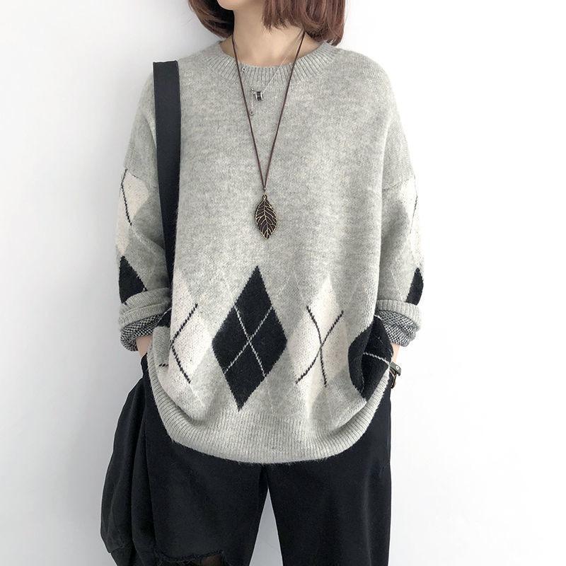 Japanese Style Loose Fit Round Neck Long Sleeve Pullover Knit Sweater For Women