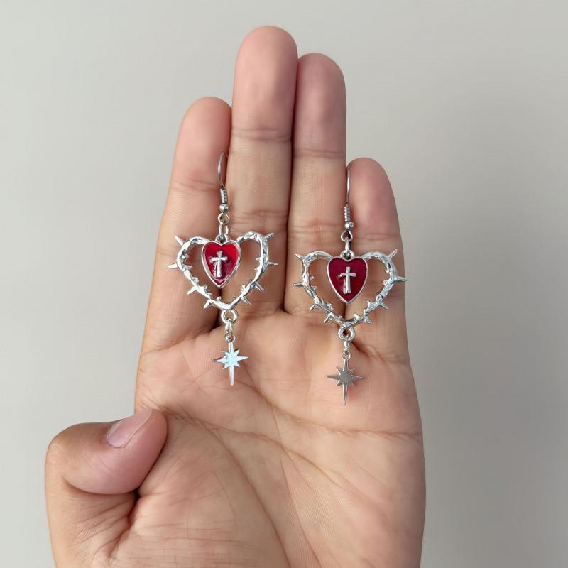 Jun'an Original Punk Gothic Thorn Heart Cross Earrings for Women