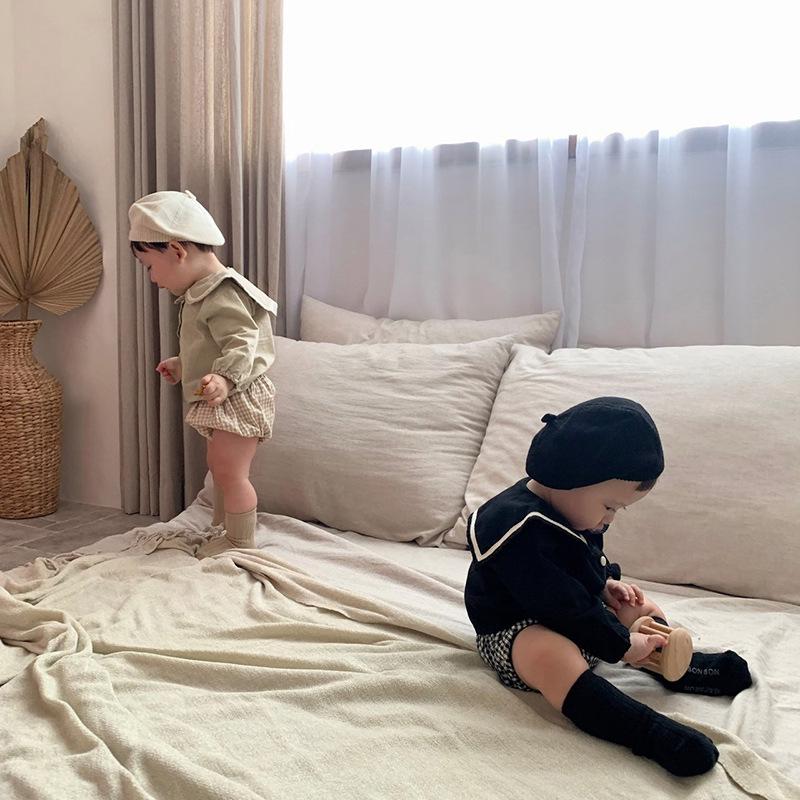 2024 Autumn Korean Navy Plaid Top & Shorts Set for Boys and Girls