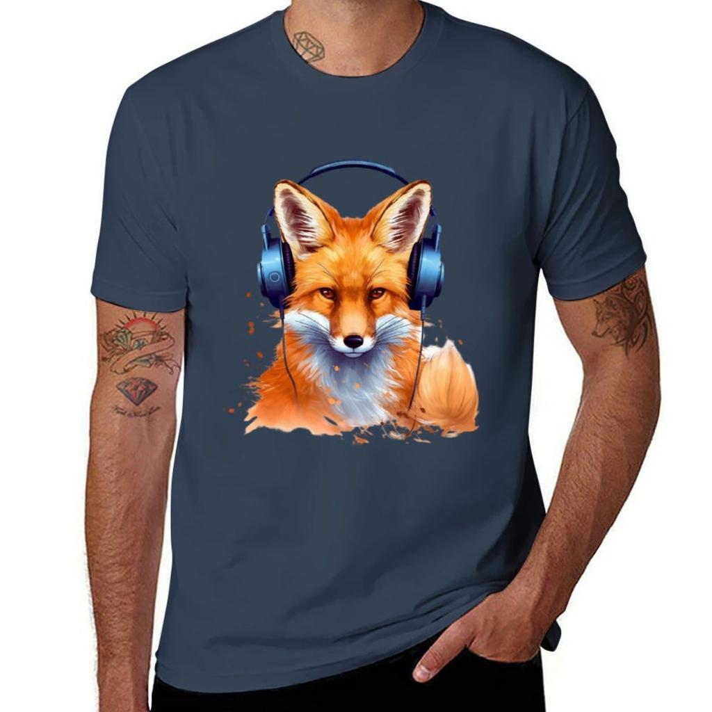 Red Fox Wearing Headphones TShirt Outdoor Sports Short Sleeve Top