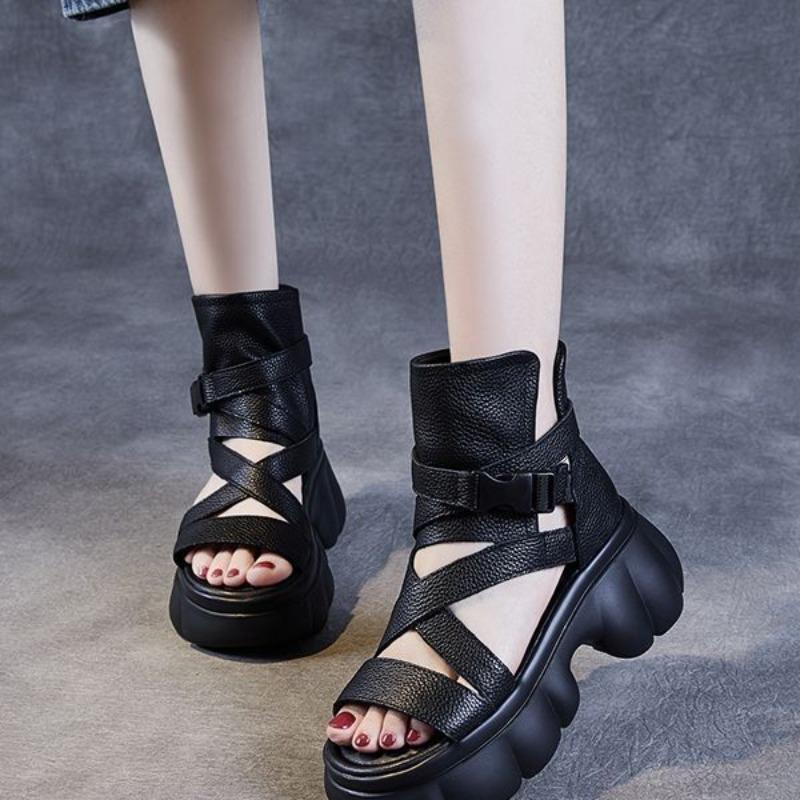 Open-toe Soft-soled Roman Sandals for Women, Thick-soled Retro 2025 Summer New Style High-top Fashionable Cool Boots for Women