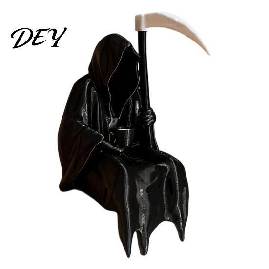 Gotische Schreibtischornamente 3D-gedruckte Sensenmann-Statue mit Kaffee & Sense, Dunkle Stil-Raumakzente Dekor, Einzigartige Kunstfigur für Zuhause Büro Bücherregal