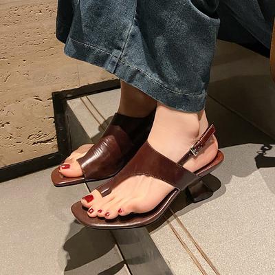 2025 New Cowhide Square Head Cover Toe European Korean High Heel Sandals 6cm Thick Heel, Simple French Fashion Women's Shoes