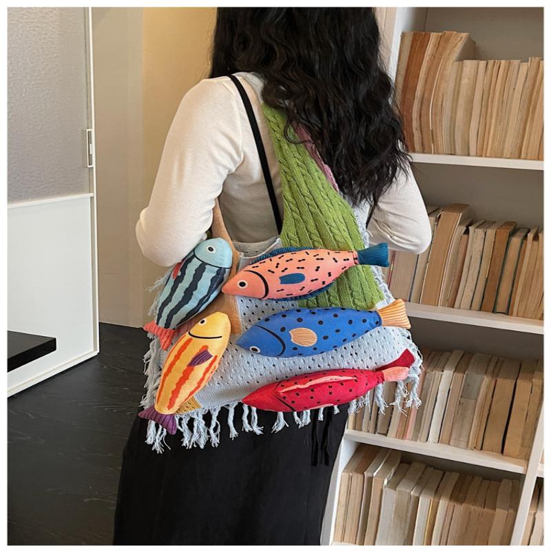 1 Pezzo Borsa a Shopper con Tagli a Contrasto Pesciolino Carino Borsa Lavorata a Maglia Rilassata Estiva Versatile per Pendolari Borsa a Spalla