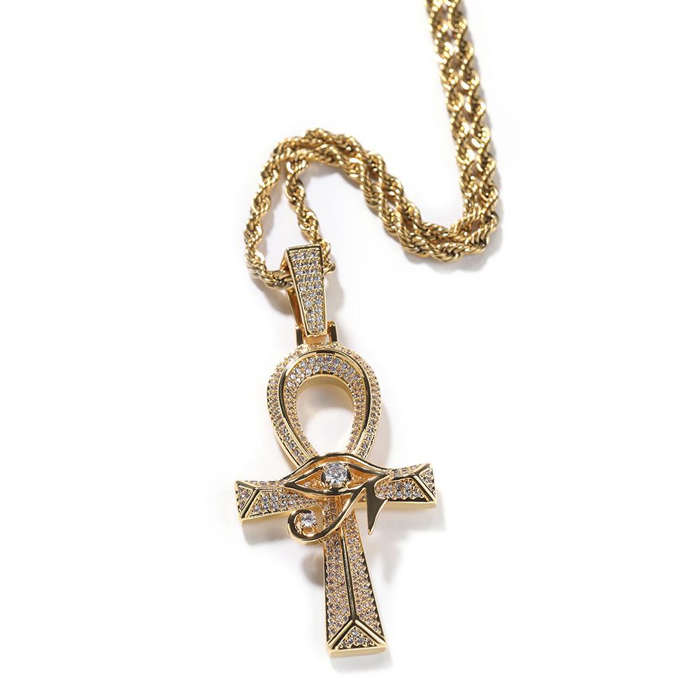 Cool Lucky Turkish Evil Eye Men Jewelry Micro Pave CZ Cross Pendant Necklace Gold Plated Wholesale 24inches(60.96cm)