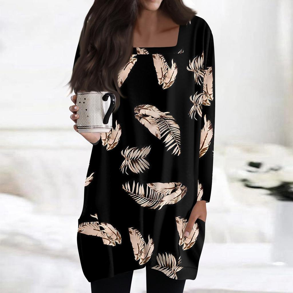 Womens Tops Square Collar Long Sleeve Blouses Casual Mid-length Shirts Fashion Print Tunic Tops With Pockets