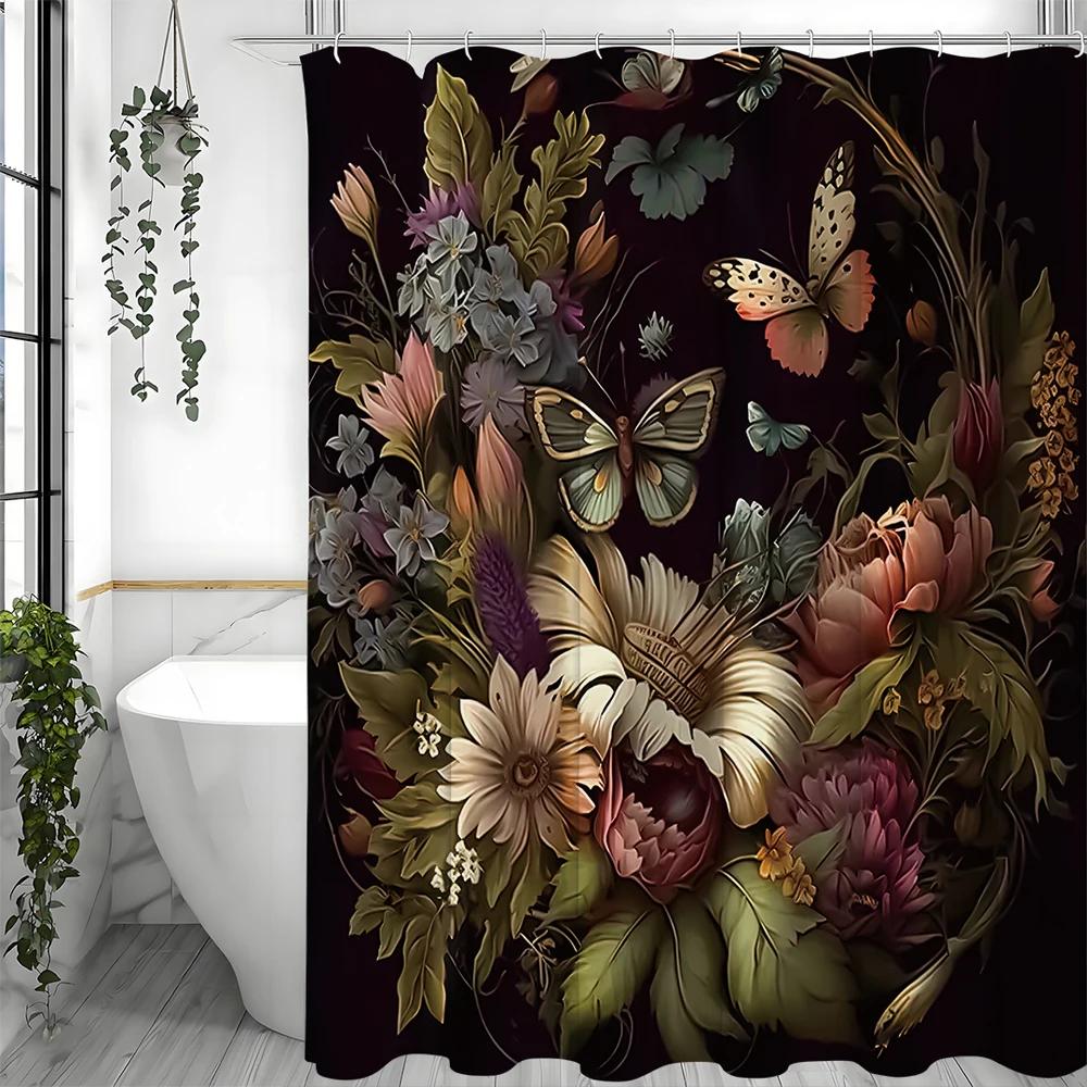 Butterfly Flower Shower Curtain, Bathroom Decorative Shower Curtain, Waterproof Shower Curtain with Hooks