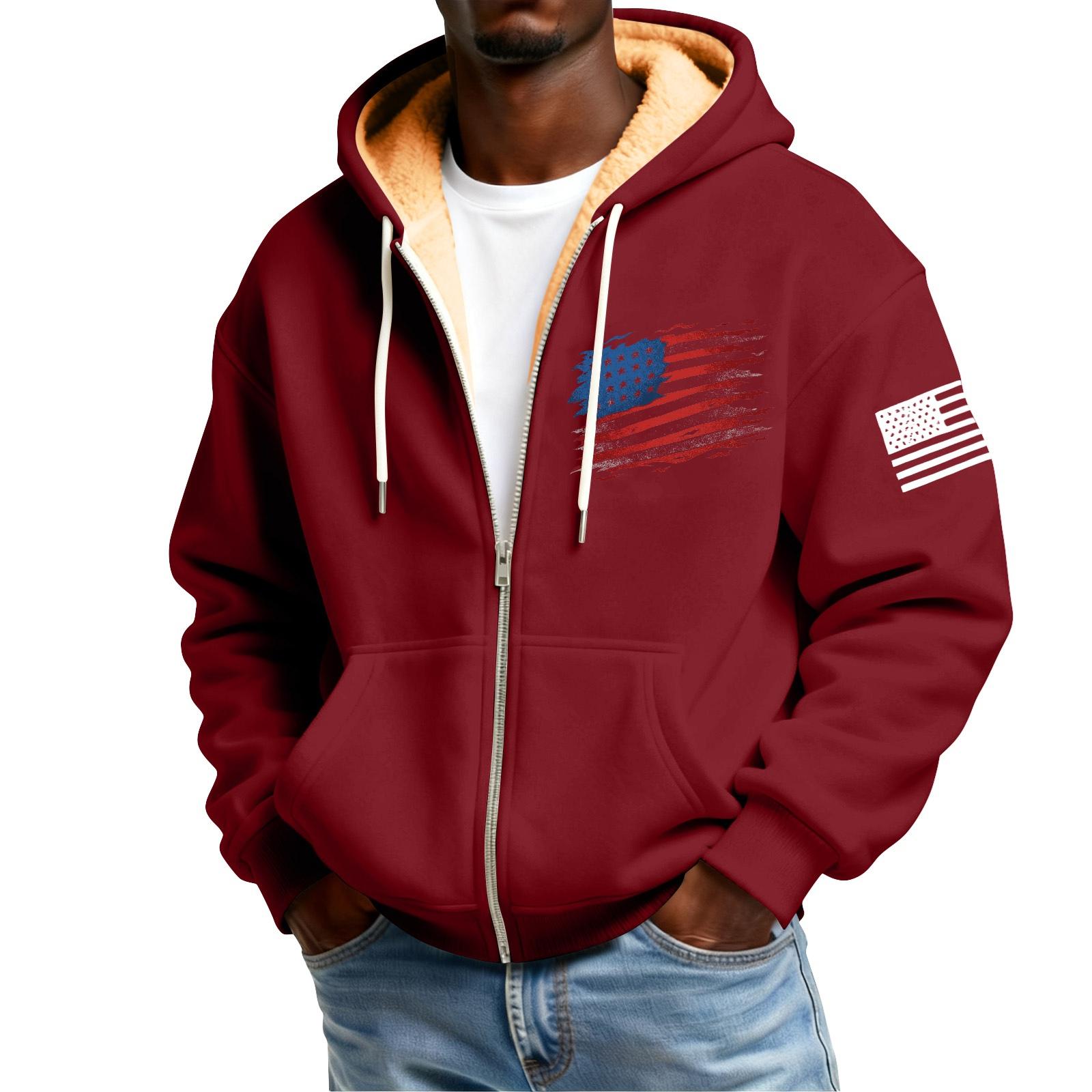 

Чоловічий флісовий кардиган на блискавці з капюшоном та кишенями з принтом прапора Чоловічий повсякденний кардиган M винний