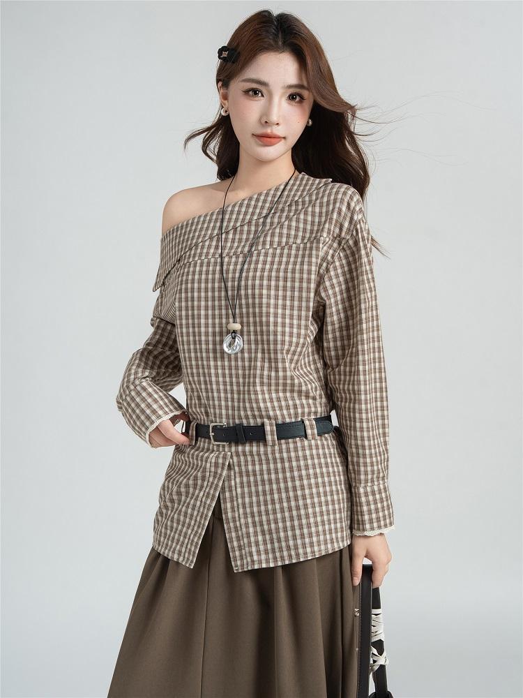 Long Sleeve Plus Size Sexy Off the Shoulder Plaid Casual Spring Autumn T Shirt Tops Women T-shirt
