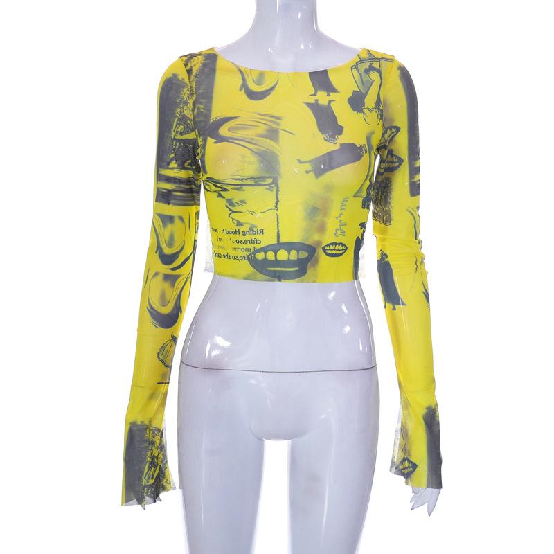 

Женская повседневная футболка с длинным рукавом, модная сетчатая пряжа с принтом, топы с открытым пупком и разрезом L жёлтый