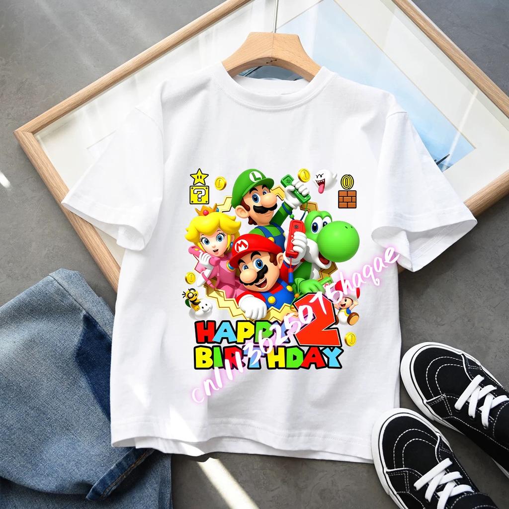Cartoon Super Marios Children Birthday Number TShirt Clothes Party Figure Print Boys BabyTShirt Blue Short Sleeve Tops Tee Gift