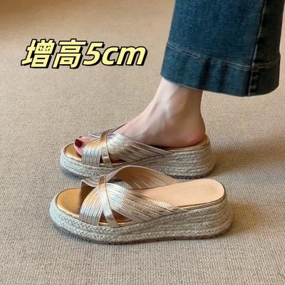 Sheepskin Version~ French Retro Open-toed Platform-soled Wedge-heeled Sandals for Women's Summer Height-increasing Outer Wear Leather Cross-strap