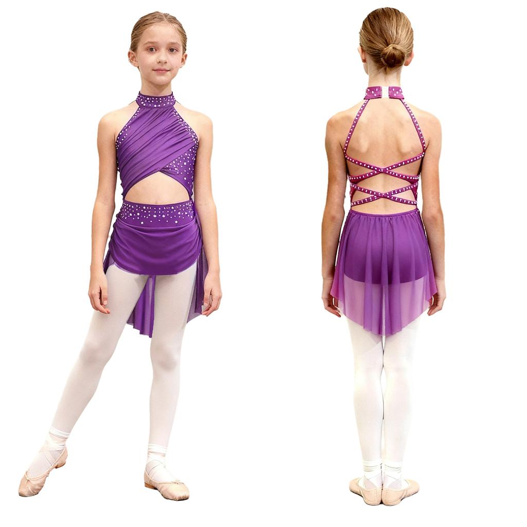 Kids Girls Modern Lyrical Dance Dress Ballet Figure Skating Gymnastics Leotard Bodysuit Costume Strappy Back Latin Jazz Dress