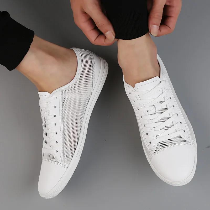 Fashion Lightweight Genuine Leather Men's Flats shoes Leisure Trend Korean Version Solid black White summer breathable Men Casual Shoes