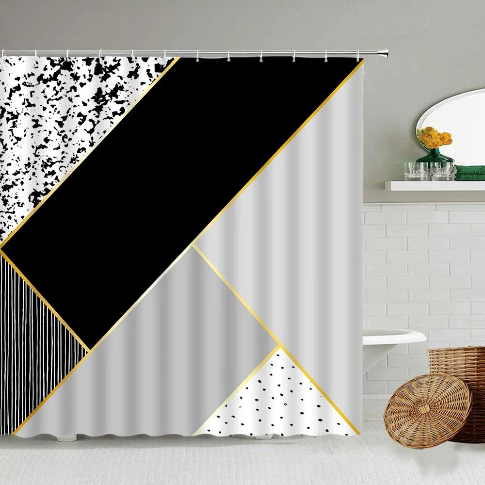 Marble Striped Shower Curtain For Bathroom, Waterproof Screen With Hook, White, Gray, Gold, Black, Decorative Accessories