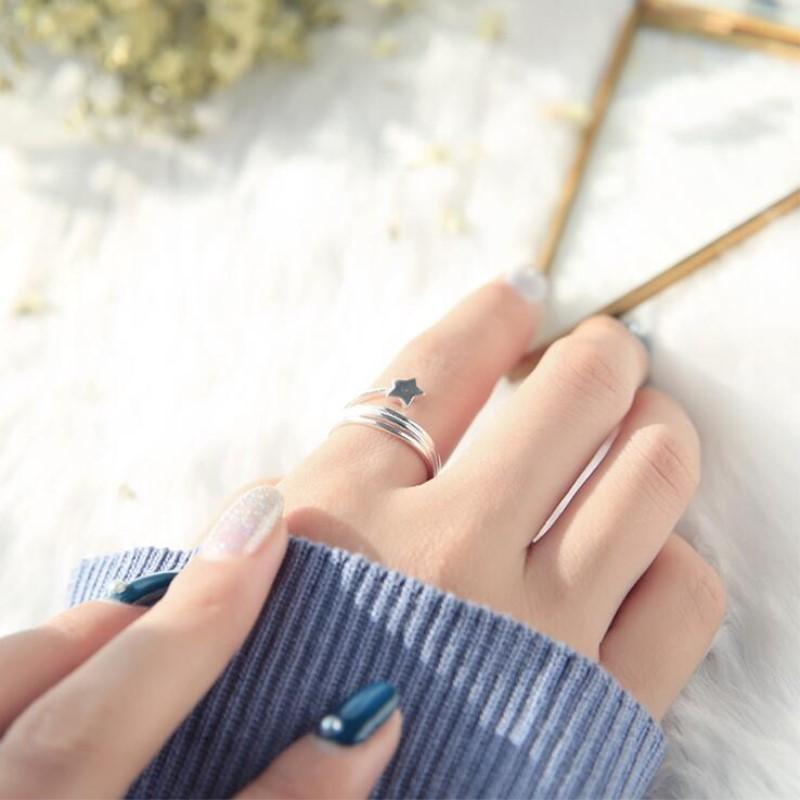 Latest Popular Personality Korean Fashionable Stylish  Sterling Tone Jewelry Sleek Minimalist Five Pointed Star Wild Opening Female Rings