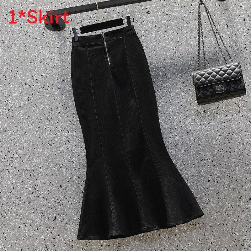Denim Pencil Skirt With Ruffle Hem For Office Women Autumn Winter