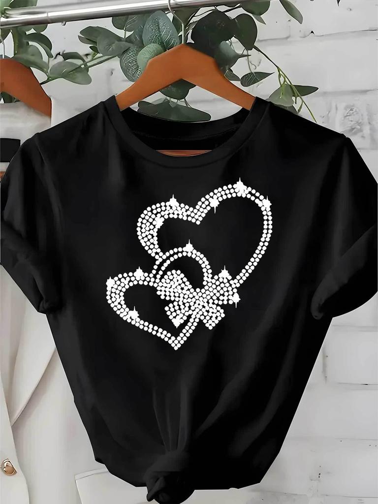 European Size Hot, Summer Women's Short Sleeve T-Shirt with Heart Pattern Print, Comfortable Breathable Fabric, Casual Sporty Style