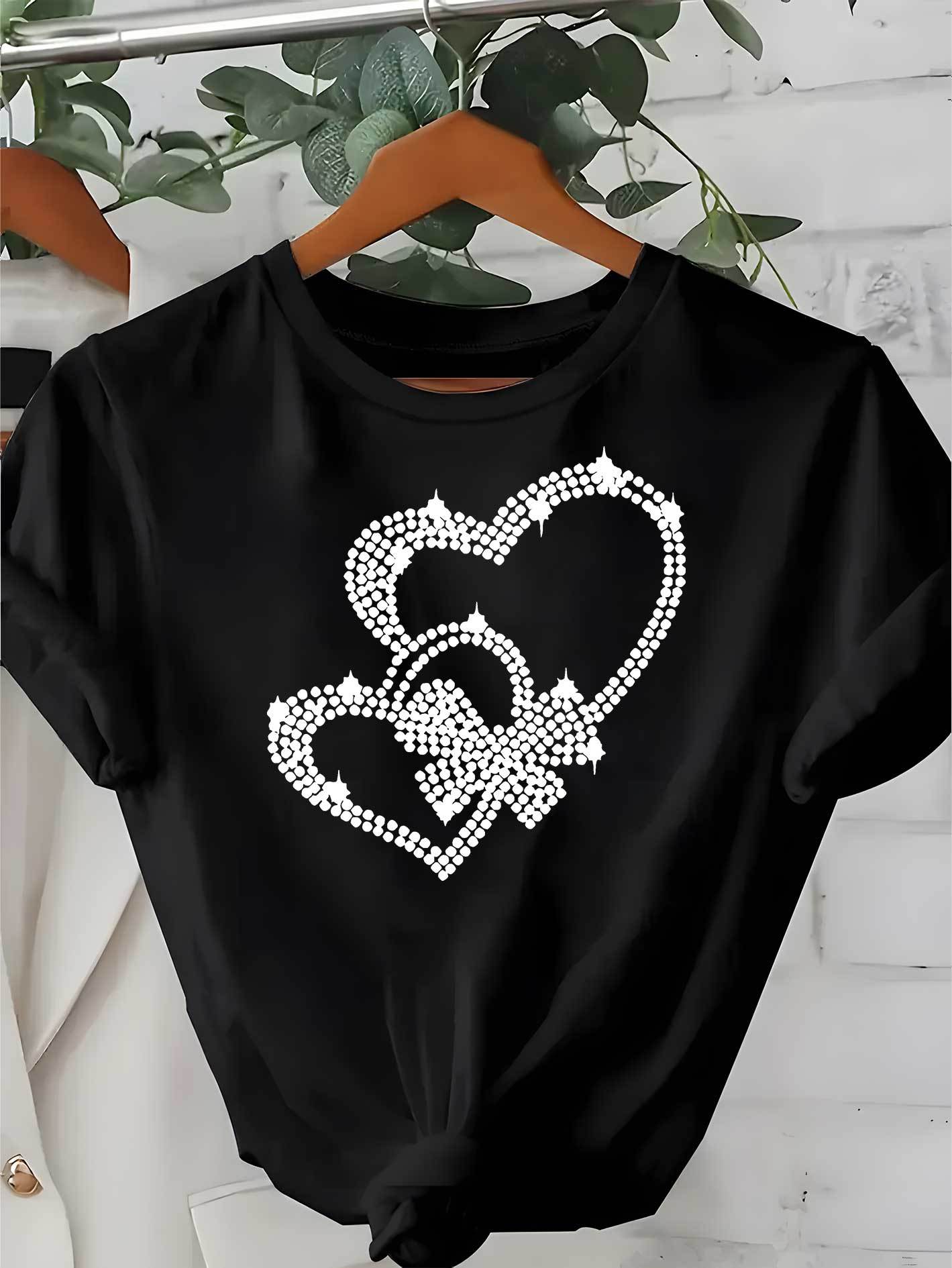 

European Size Hot, Summer Women s Short Sleeve T-Shirt with Heart Pattern Print, Comfortable Breathable Fabric, Casual Sporty Style 4XL чорний