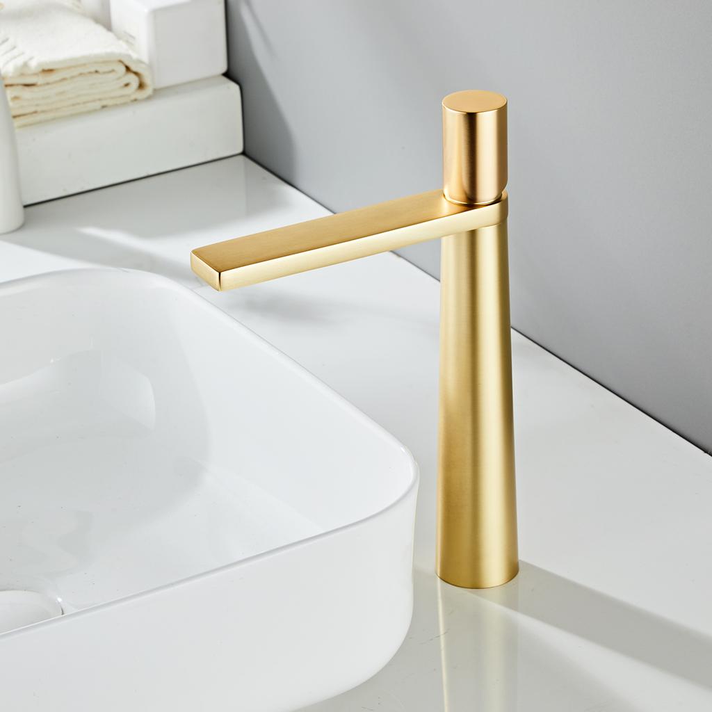 Single Handle Hot and Cold Deck Mounted Tall Brass Sink Mixer Round Gold Brushed Bathroom Modern Wash Basin Faucet Tap