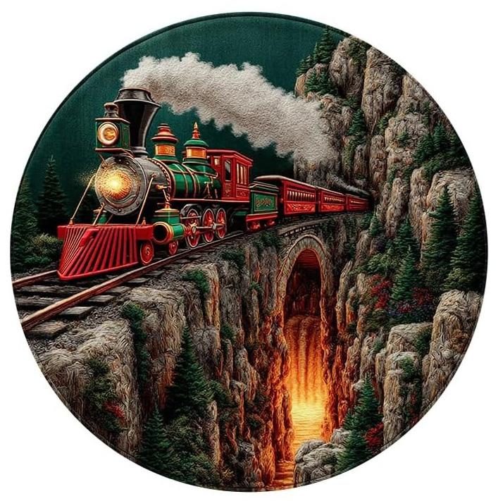 3D Vintage Steam Train Round Rug Rail Tracks Cliff Bridge Tunnel Firelight Forest Home Decor Carpet for Living Room Study