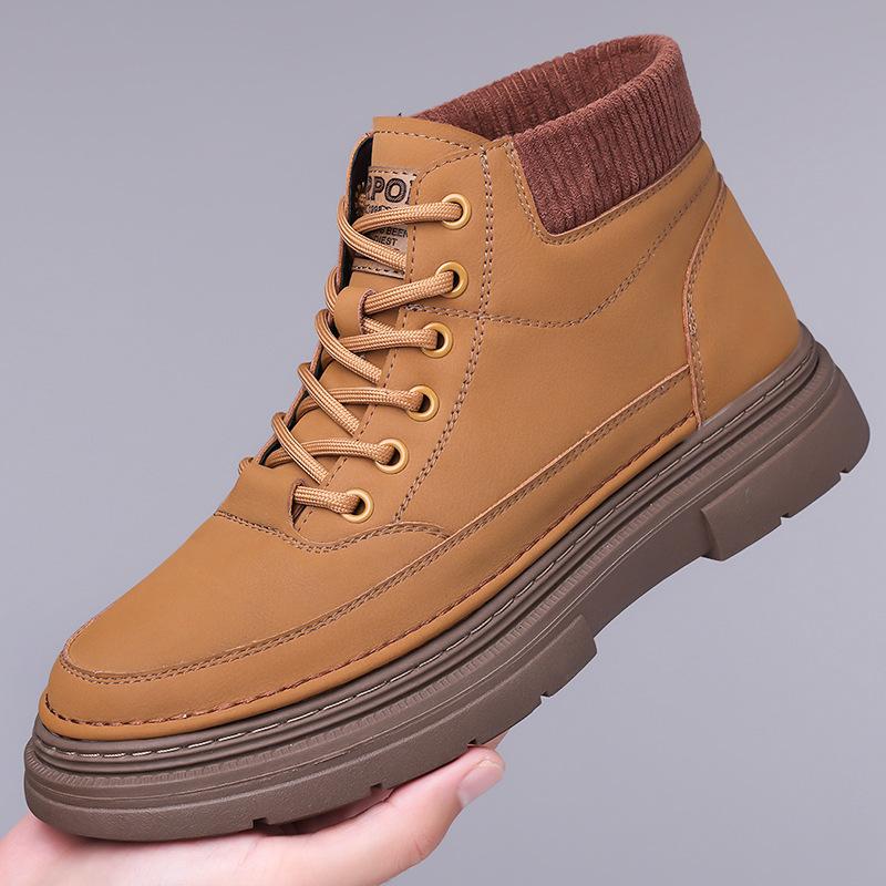 

Обувь для мужчин Кожаные ботинки Осенняя мода Высокие плоские туфли Уличные зимние теплые плюшевые ботильоны 44