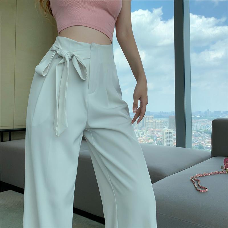 Women's High Waist Tie Waist Straight Leg Pants Loose Fit Casual Style Solid Color Polyester Dress Pants Spring Summer Trousers