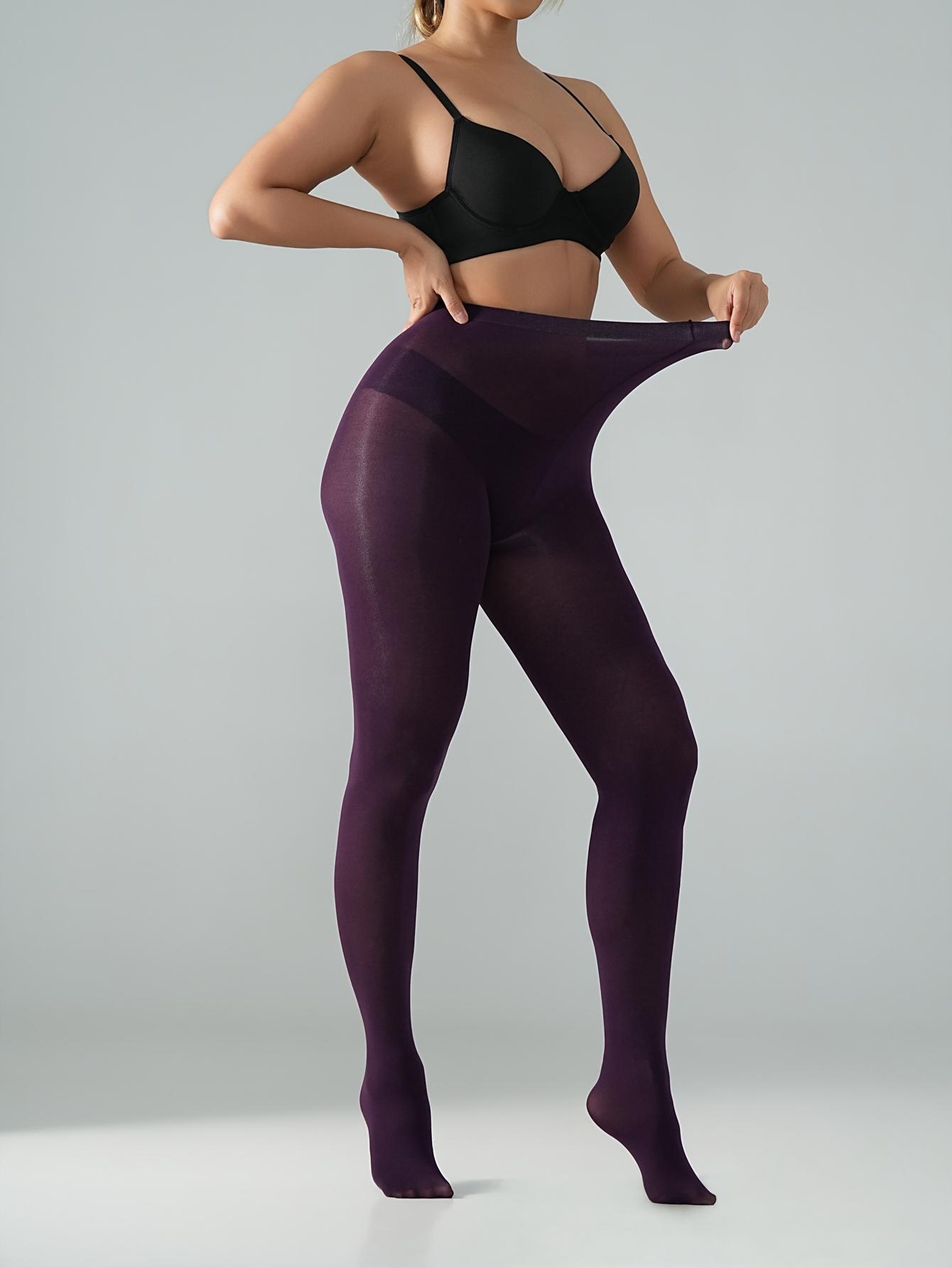 Collants Huilés Brillant Violet Foncé pour Femmes Haute Élasticité Lisses Opaques Collants Pieds Pour Tenue Quotidienne Automne Hiver Fête M black