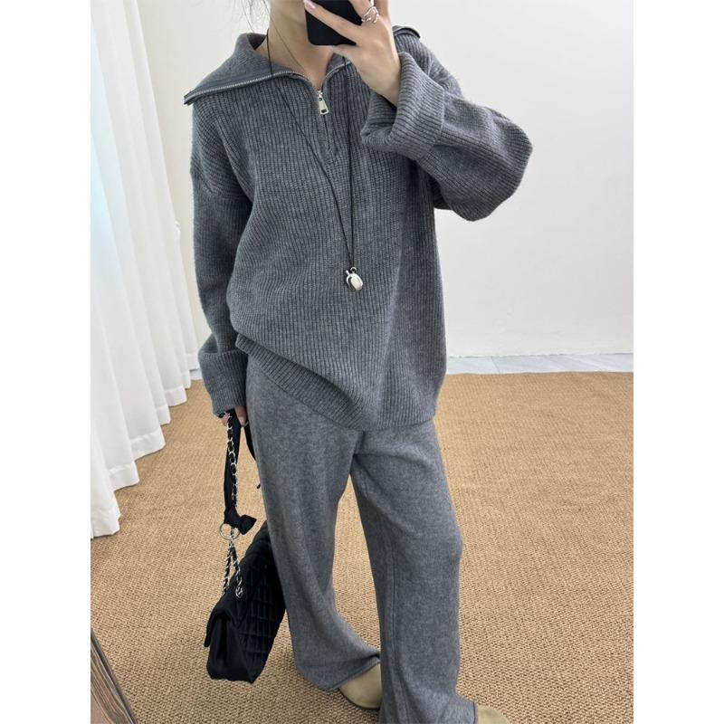 

Повседневный вязаный костюм-двойка, новый осенне-зимний, с лацканами, на половинной молнии, большого размера, женский One size