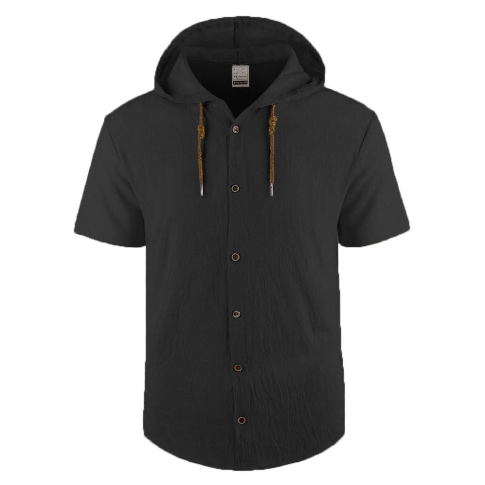 Men's Cotton Linen Shirt Hooded Stylish Top Breathable Lightweight Simple Style Claasic Shirts Single Breasted Male Fashion Tees