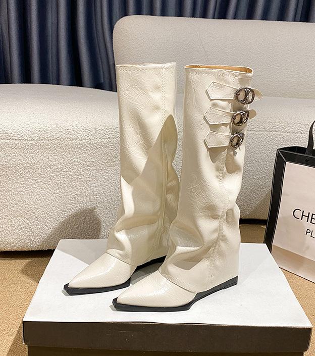 

[Factory Spot] Pointed Inner Heightening Pants Boots Women s Belt Buckle White But Knee Boots Wedge Heel Knight 35