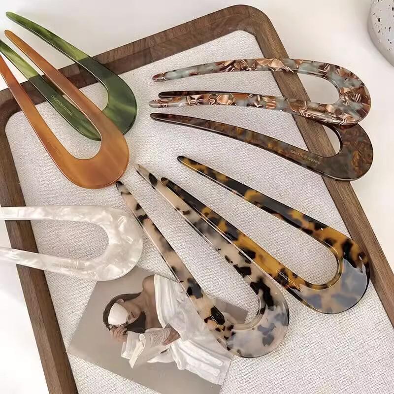 Vintage Trendy U-Shaped Hairpin Girls Hair Fork Hair Clips Color Marble Print Hair Sticks For Women Headwear Hair Accessories