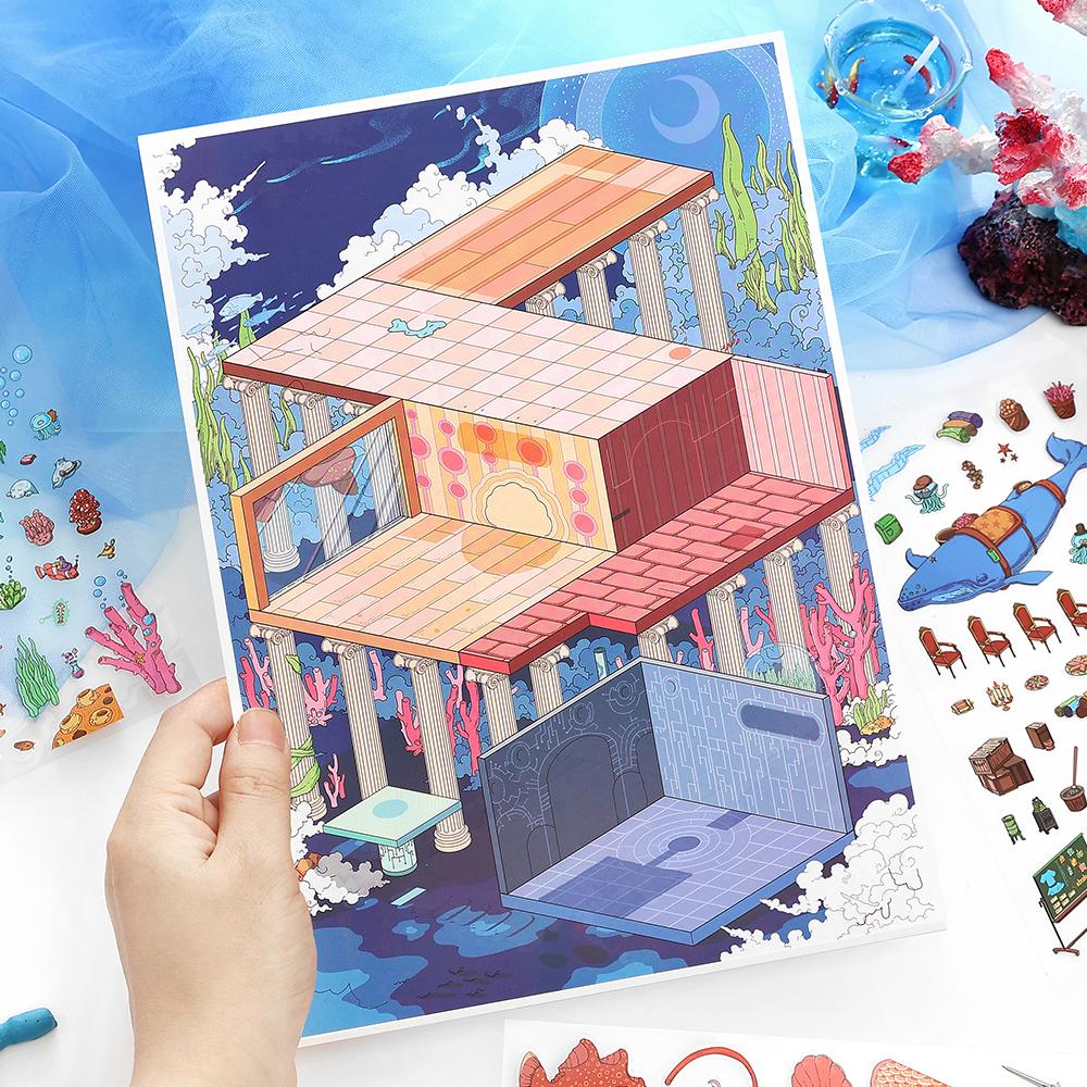 4 Folhas/Saco Série Negócios de Hoje Tema Aquário Adesivos Diorama 2.5D PET Para Scrapbooking DIY Moldura Decoração de Colagem