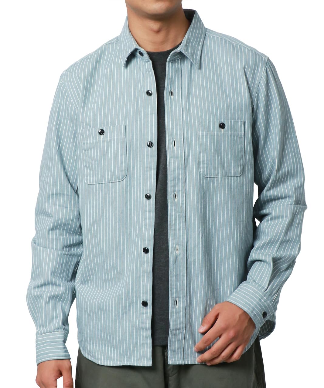 

Work Shirt for Long Hickory Made in Gray x L [MRU] Men, Sleeve, Stripe, Japan, 100% Cotton, Casual, Simple, White,