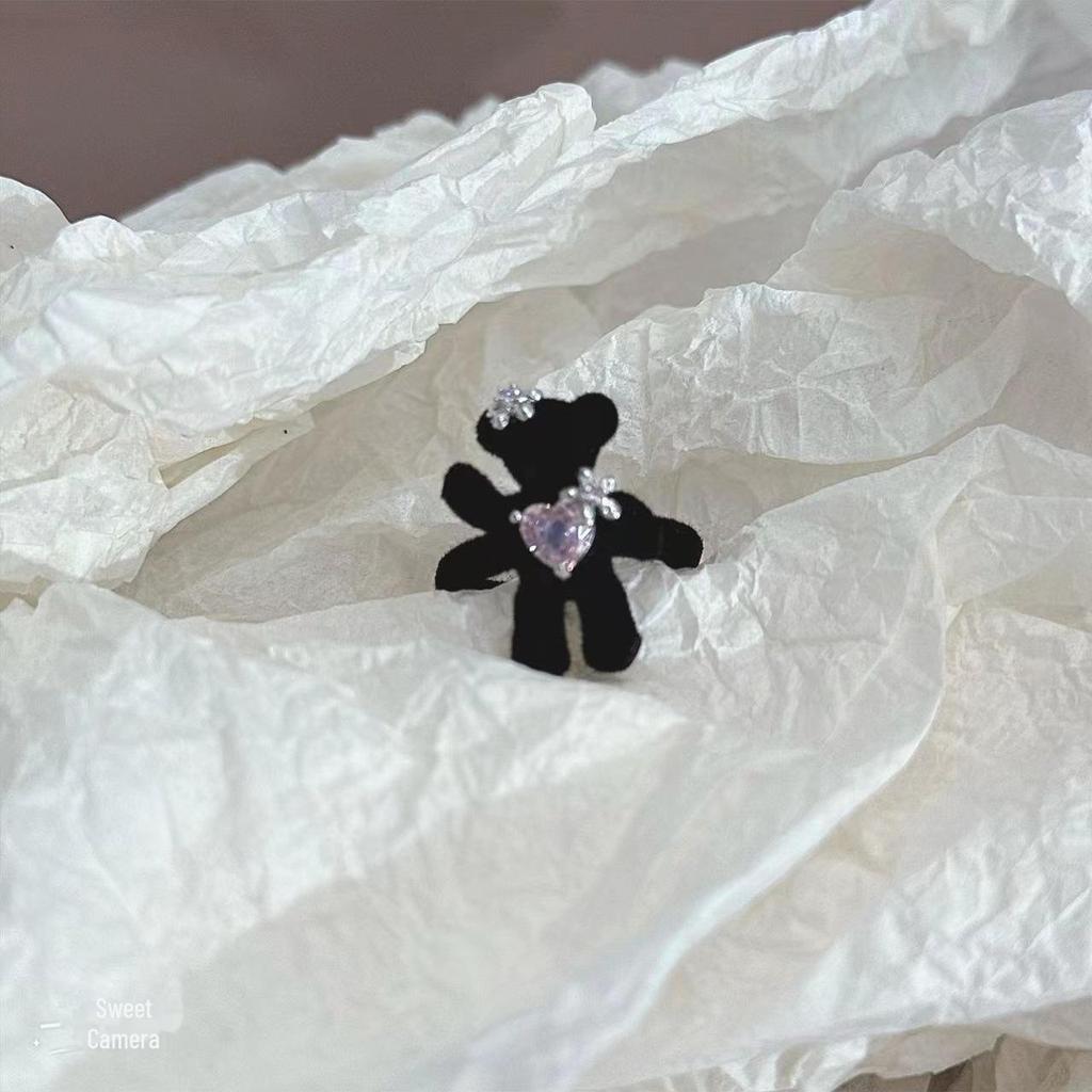 Süße Prinzessin Beflockter Bär Perlenkette & Ring Set mit Rosa Zirkonia