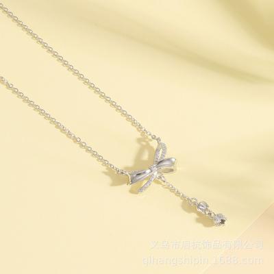 Titanium Steel Fringed Bow Necklace Women'S Light Luxury Simple High-End Versatile Lily Of The Valley Pendant Accessories
