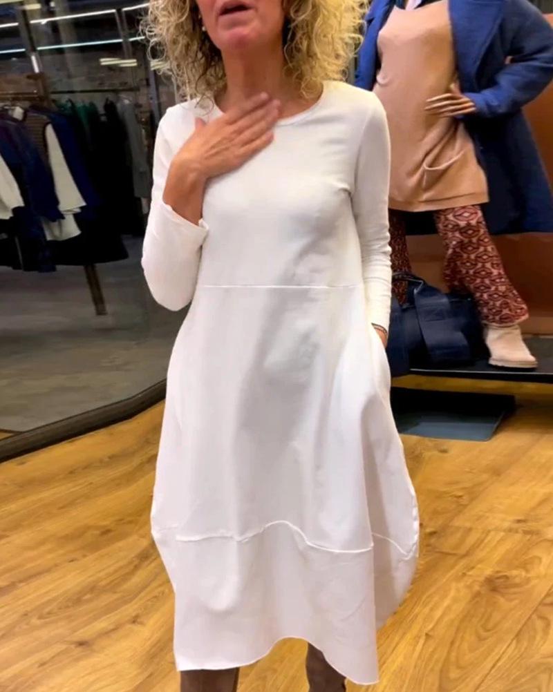 

Европейское и американское однотонное платье с длинным рукавом и круглым вырезом для женщин - Коллекция осень/зима XXL белый