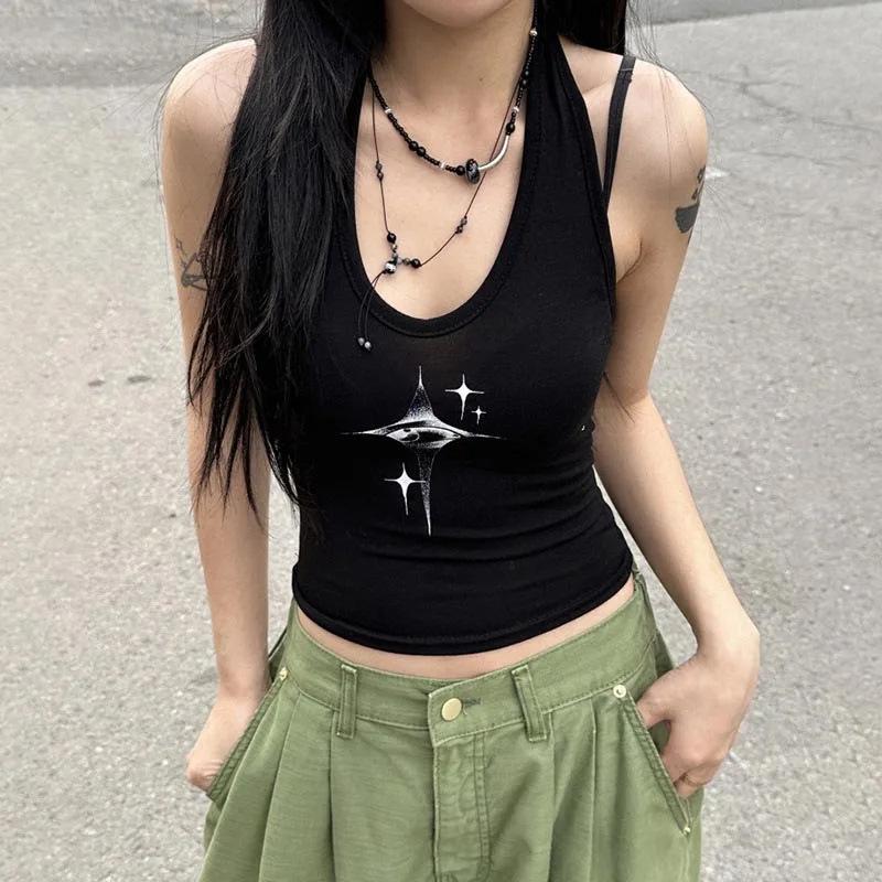 Retro Printed Halter Neck Camisole Women's Slim Short Top