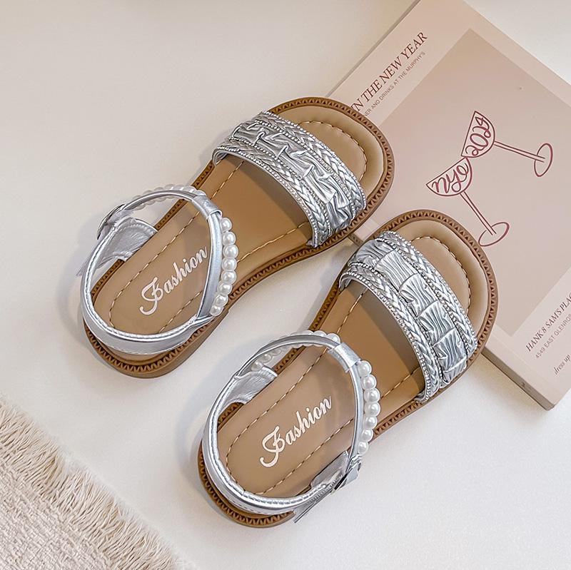 

Summer Kids Sandals Girls Fashion Woven Pearl Princess Shoes Open-toe Breathable Toddler Non-slip Sandals for Walking 24
