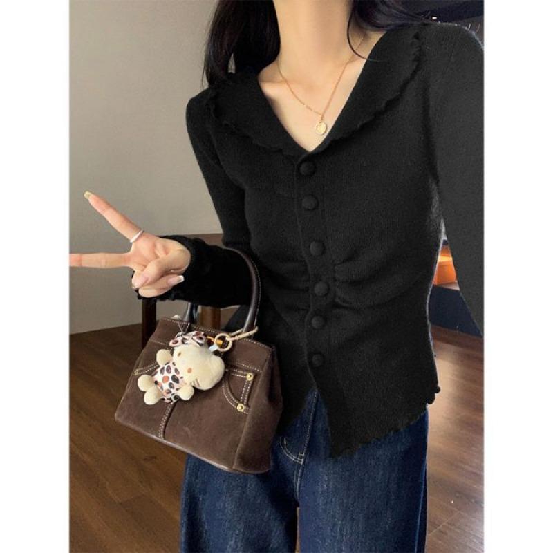 Lapel fungus edge knitted cardigan sweater women's autumn new slim waist top trendy