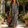 Stylish Women Sundress Women's Faux Denim Shirt Dress, Long Sleeve Mesh Patchwork Pleated Detail Dress Maxi Button Down Ruffle Sheer Printed