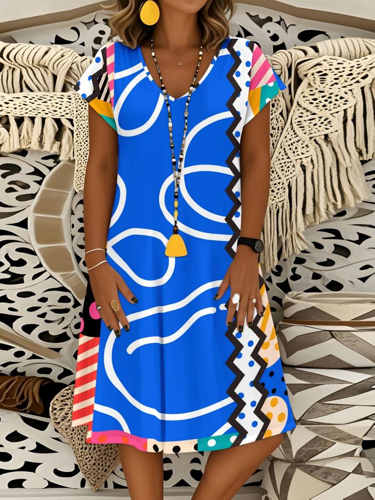 Casual V Neck Short Sleeve Dress for Women Abstract Irregular Print Summer Dress Flowy A Line Dress Trendy Everyday Outfit