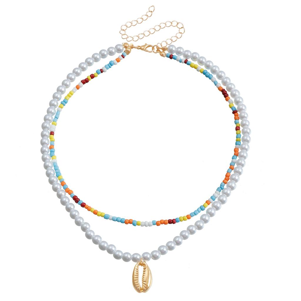 Bohemian Colored Rice Beads Imitation Pearl Double Shell Pendant Necklace Beaded Clavicle Chain