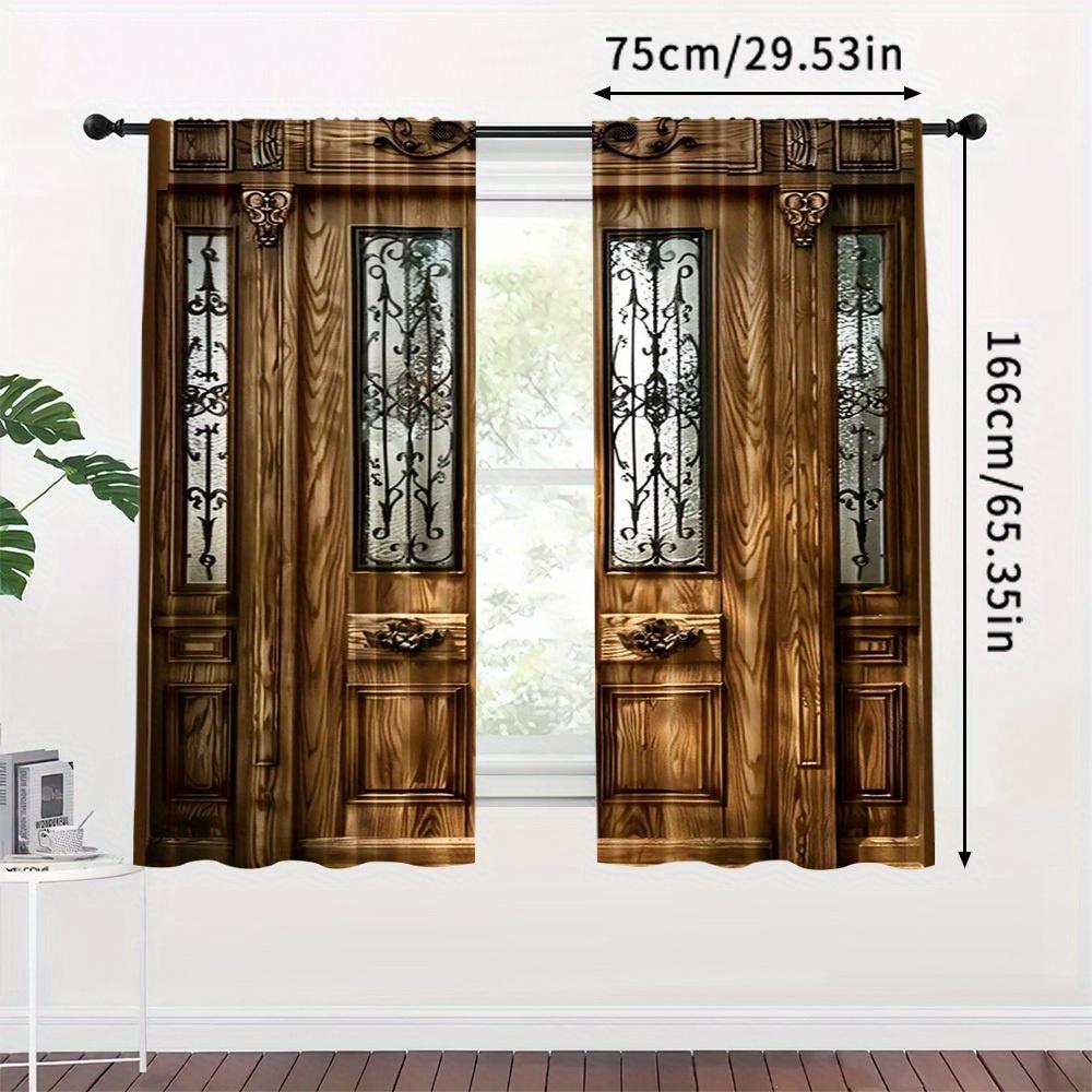 2pcs Elegant Wooden Door Print Curtains with Rod Pocket Design for Living Room Bedroom Kitchen & Cafe Window Decor Softens Views