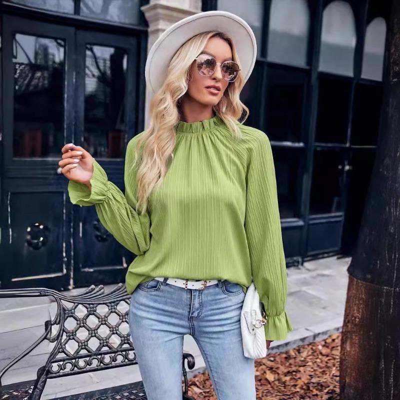 Fashion Elegant Long Sleeve Jacquard Women Blouse Loose Simple Office Shirt Female Stand Collar Solid Color Vintage Tops 3303