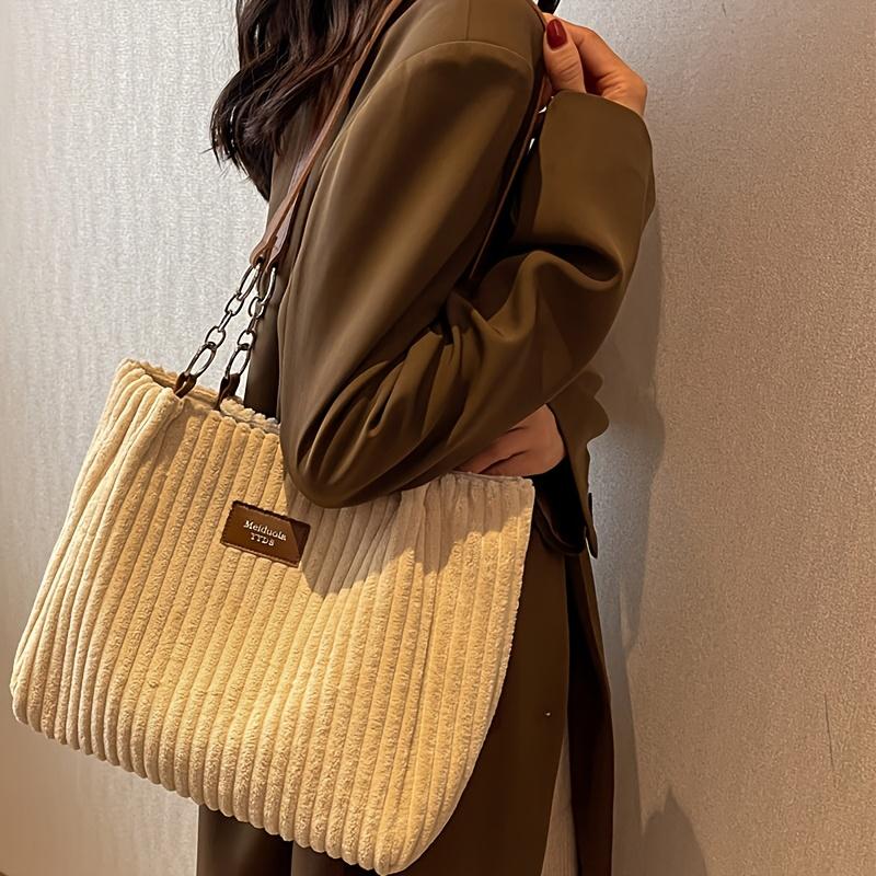 Vintage Corduroy Solid Color Shoulder Bag, Suitable for Autumn and Winter Seasons, Large Capacity, Lightweight Ideal for Shopping, Travel