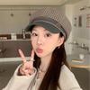 New retro plaid leather along octagonal hat children's autumn and winter trend metal buckle versatile fashionable face small painter hat