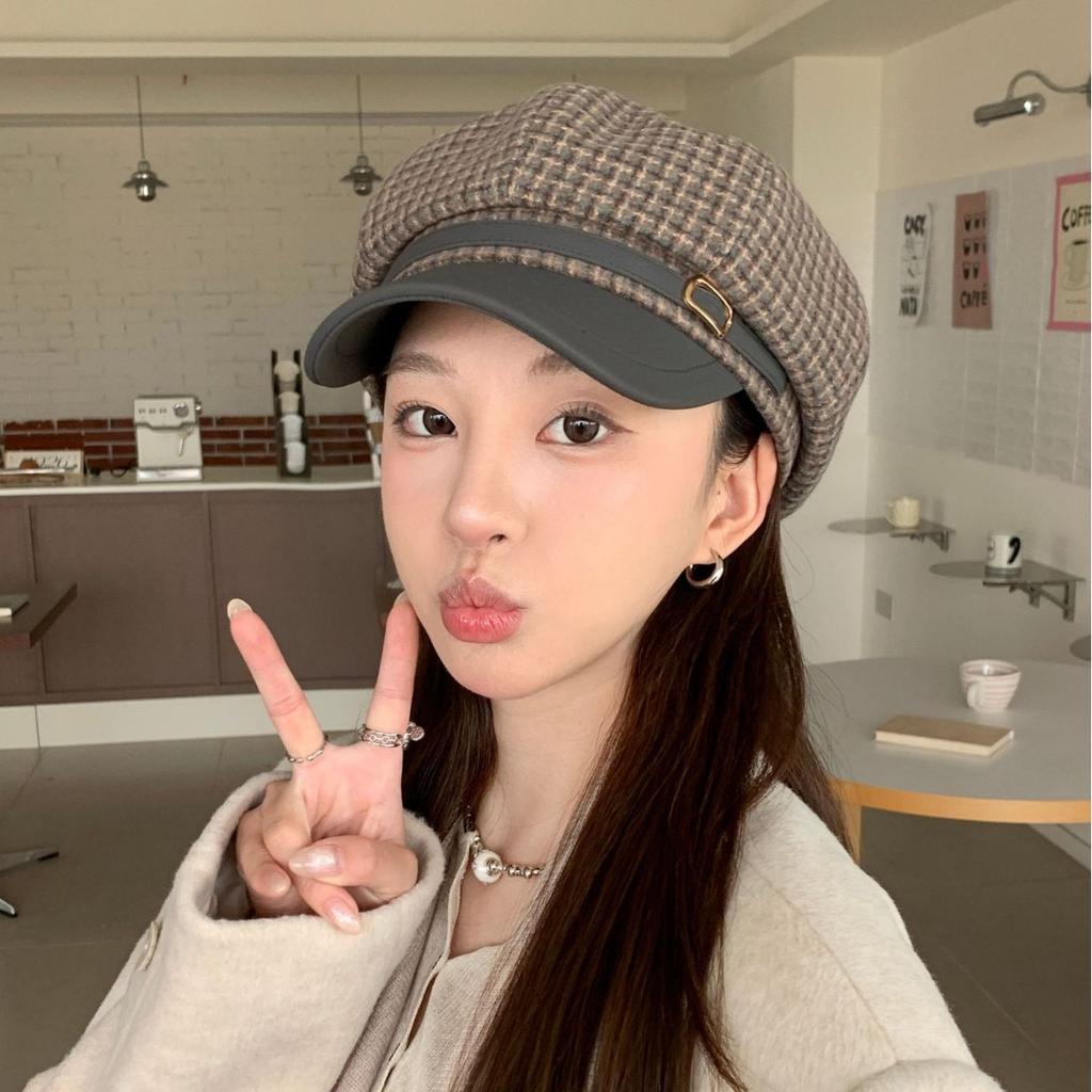 New retro plaid leather along octagonal hat children's autumn and winter trend metal buckle versatile fashionable face small painter hat
