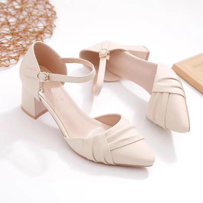 zapatos de mujer lady cute pointed toe beige office career work pumps women fashion buckle strap spring summer heel shoes ga323