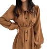 Korean version of chic spring French retro lapel single-breasted strap waist long solid color corduroy dress women